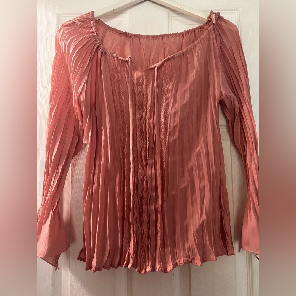 Ruffle sheer pink long sleeve top beautiful lace tie